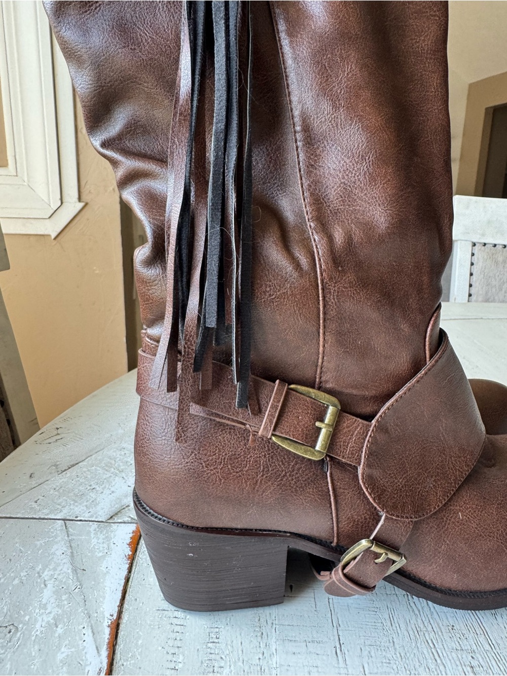 Tall Brown Faux Leather Fringe Knee High Boots Side Zip Buckle Details Size 7 - Picture 2 of 5